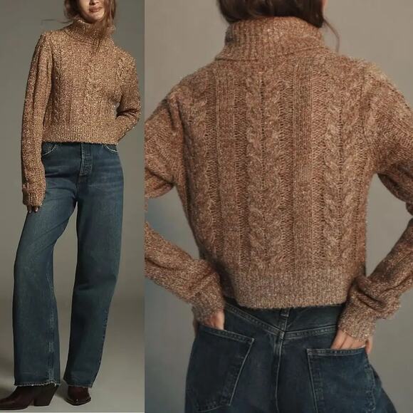 Anthropologie Pilcro Shine Metallic Wool Cable Knit Turtleneck Sweater Size MP - Picture 2 of 8